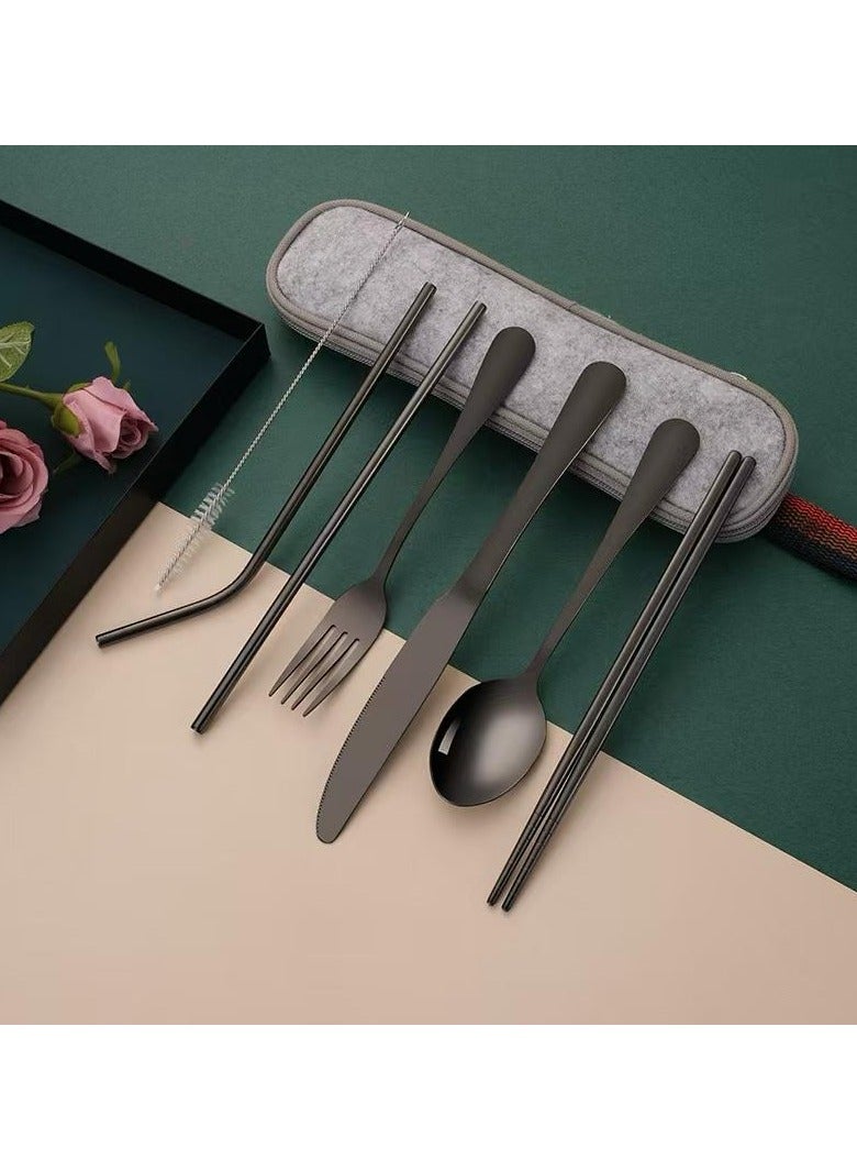Cutlery Set – Black Stainless Steel Cutlery, Travel Cutlery with Bag (8 PCS) - Image 2
