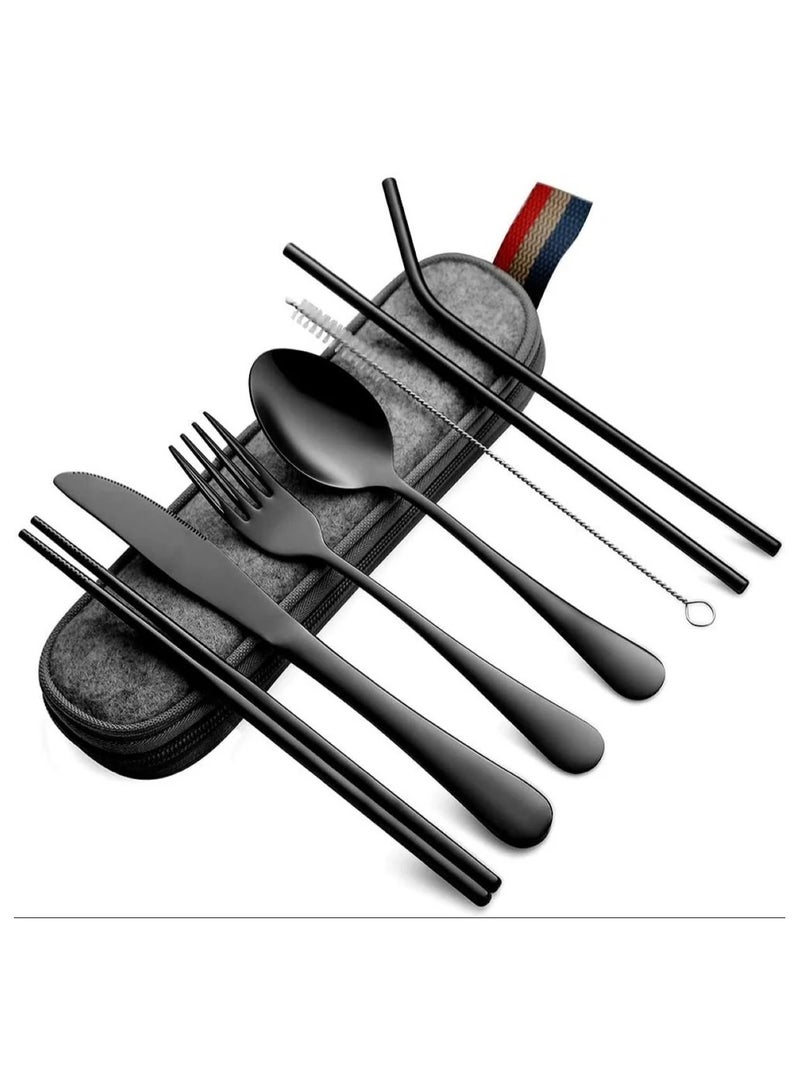 Cutlery Set – Black Stainless Steel Cutlery, Travel Cutlery with Bag (8 PCS) - Image 3