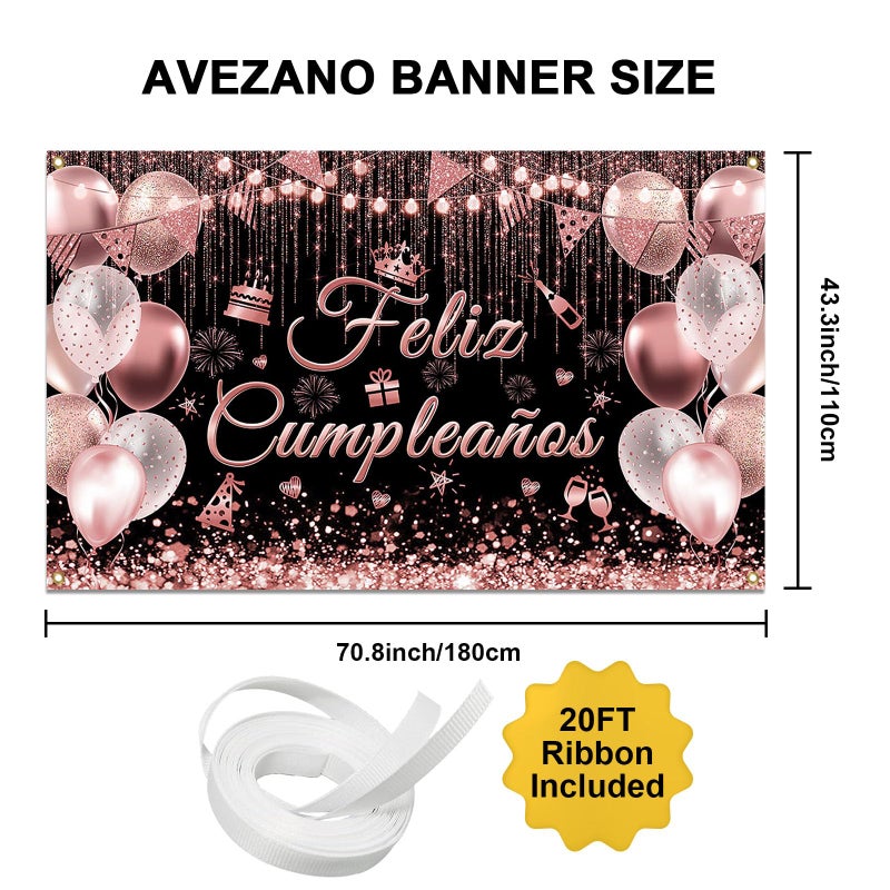 Avezano Feliz CumpleaÃ±os Banner Mexican Happy Birthday Party Decorations Backdrop Spanish Fiesta Birthday Party Background (Rose Gold, 70.8 x 43.3 inch) - Image 3