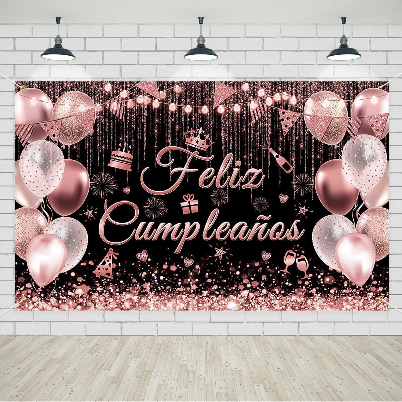 Avezano Feliz CumpleaÃ±os Banner Mexican Happy Birthday Party Decorations Backdrop Spanish Fiesta Birthday Party Background (Rose Gold, 70.8 x 43.3 inch) - Image 1