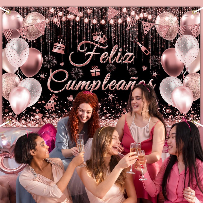 Avezano Feliz CumpleaÃ±os Banner Mexican Happy Birthday Party Decorations Backdrop Spanish Fiesta Birthday Party Background (Rose Gold, 70.8 x 43.3 inch) - Image 4
