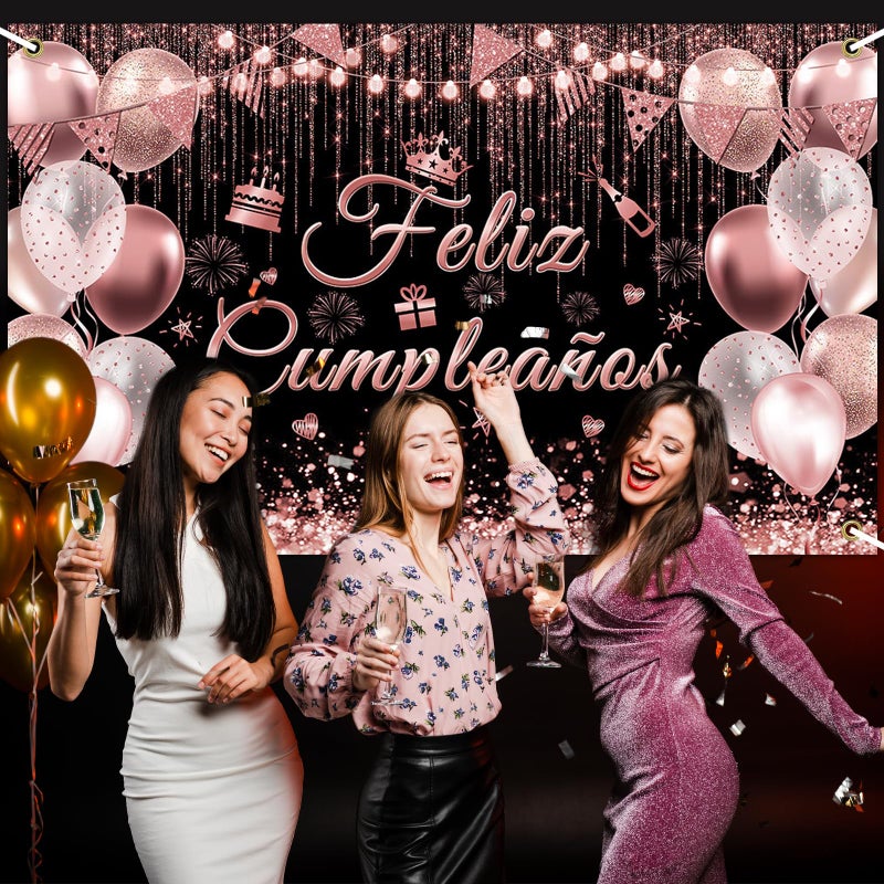 Avezano Feliz CumpleaÃ±os Banner Mexican Happy Birthday Party Decorations Backdrop Spanish Fiesta Birthday Party Background (Rose Gold, 70.8 x 43.3 inch) - Image 5