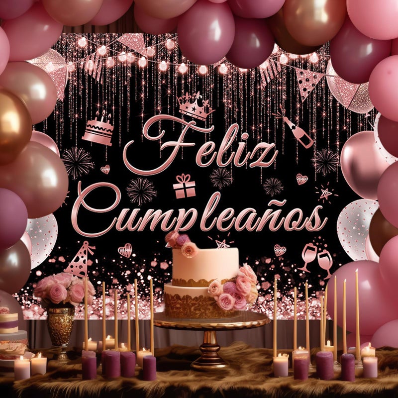 Avezano Feliz CumpleaÃ±os Banner Mexican Happy Birthday Party Decorations Backdrop Spanish Fiesta Birthday Party Background (Rose Gold, 70.8 x 43.3 inch) - Image 2