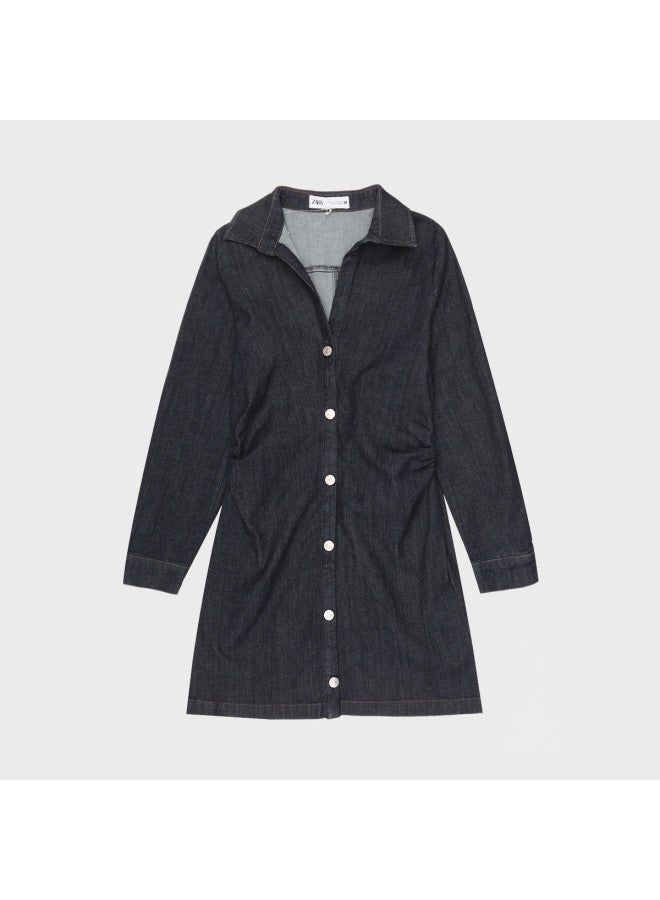 Zara Waist-Cinching Slimming Pleated A-Line Cotton Denim Casual Dress - Image 2