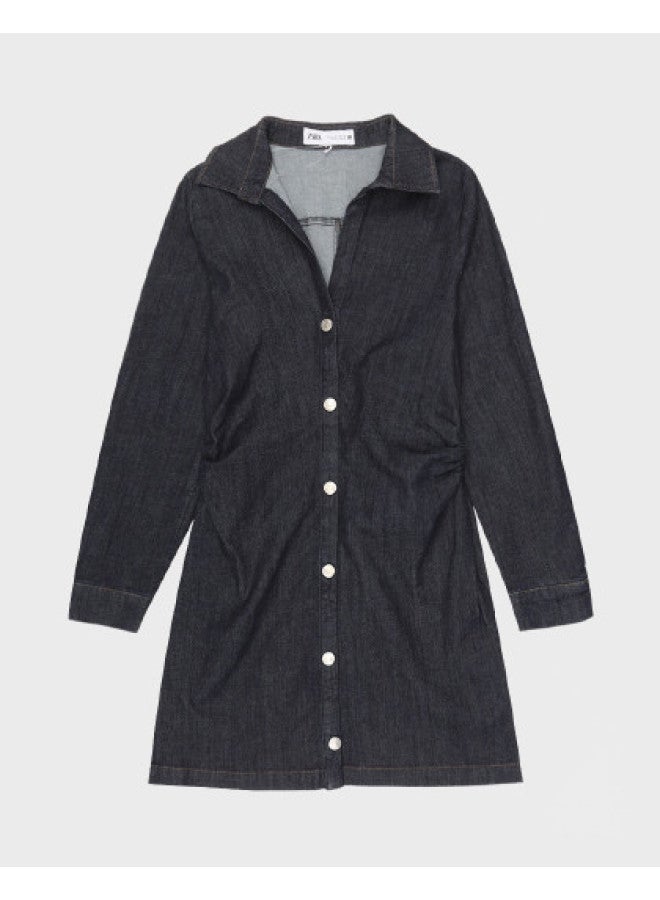 Zara Waist-Cinching Slimming Pleated A-Line Cotton Denim Casual Dress - Image 1