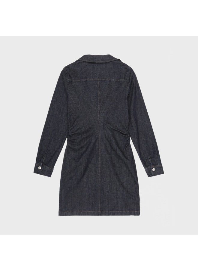 Zara Waist-Cinching Slimming Pleated A-Line Cotton Denim Casual Dress - Image 3