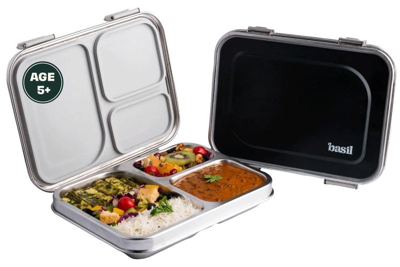BASIL Bento Box - Bento Lunch Box for Kids and Teenagers, 900 ml | 3 Compartment Lunch Box | Stainless Steel Tiffin Box for Kids | Leak Proof Lunch Box | Ideal for Teenagers. Kids & Adults-Black - Image 1