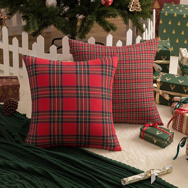 AQOTHES Pack of 2 Christmas Plaid Decorative Throw Pillow Covers Scottish Tartan Cushion Case for Farmhouse Home Holiday Decor Red and Green, 18 x 18 Inches - Image 4