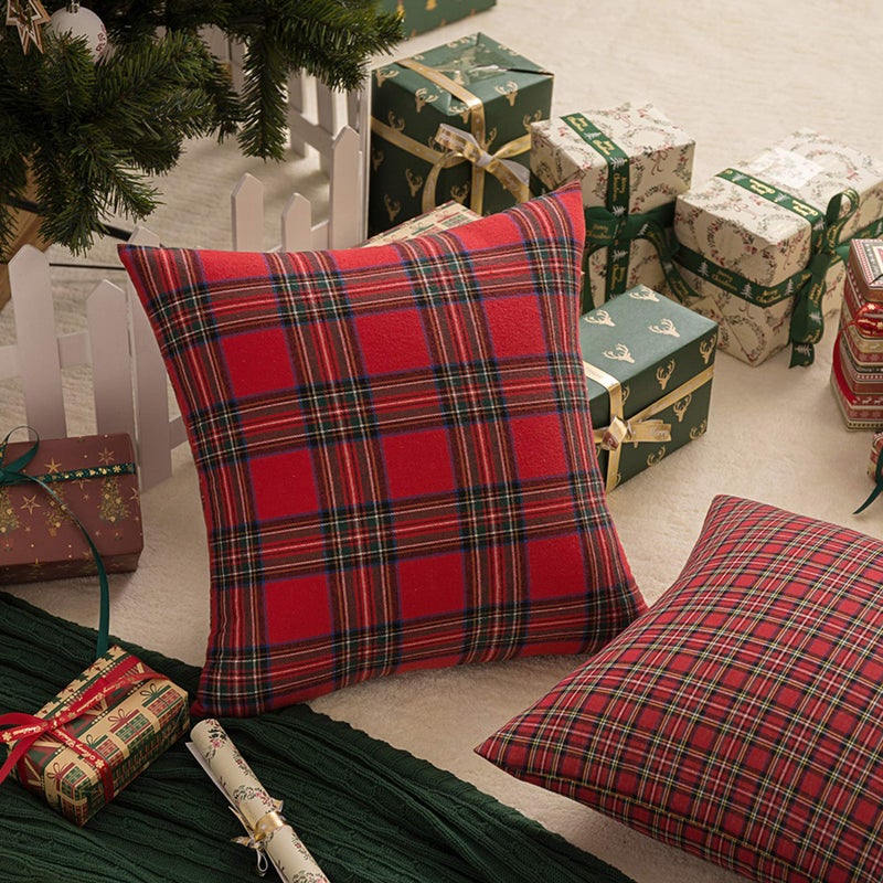 AQOTHES Pack of 2 Christmas Plaid Decorative Throw Pillow Covers Scottish Tartan Cushion Case for Farmhouse Home Holiday Decor Red and Green, 18 x 18 Inches - Image 3