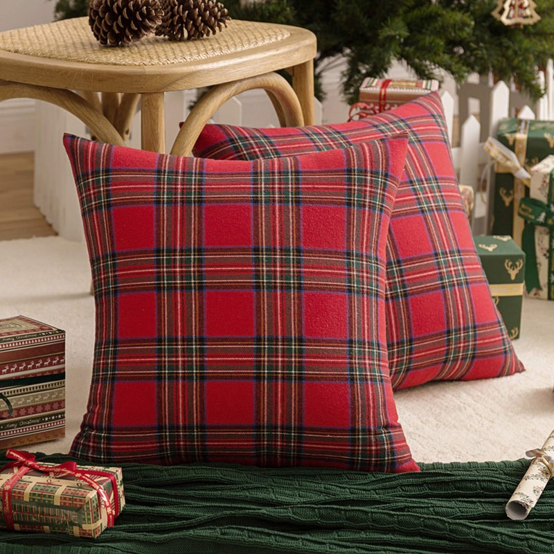 AQOTHES Pack of 2 Christmas Plaid Decorative Throw Pillow Covers Scottish Tartan Cushion Case for Farmhouse Home Holiday Decor Red and Green, 18 x 18 Inches - Image 1