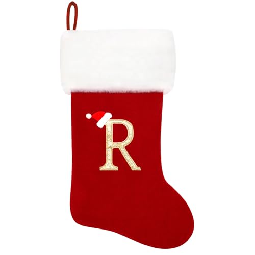 Eoocan 20 Inches Monogram Christmas Stockings Red Velvet with White Super Soft Plush Cuff Embroidered Xmas Stockings Classic Personalized Stocking Decorations for Family Holiday Season Decor(Letter R) - Image 1