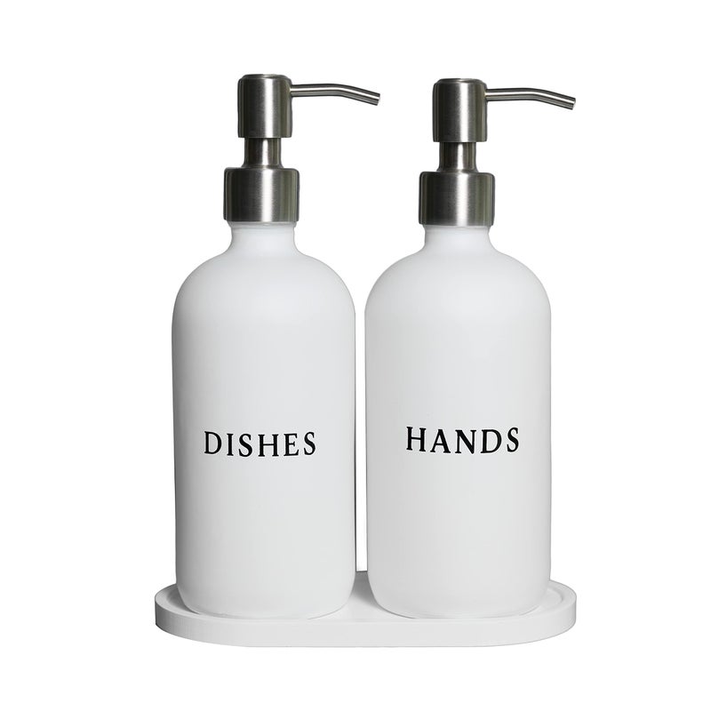 RM Home RM Home White Glass Hand and Dish Soap Dispenser Set  Modern Farmhouse Sink Accessories  16 oz Kitchen Sink Set With Tray Stainless Pumps  Funnel 
