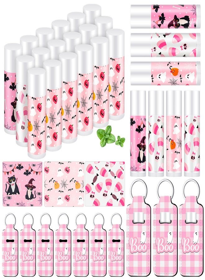 Swiffen 18 Sets Natural Bulk Lip Balm and Moisturizing Lipstick Holder Keychains Set Gift for Team Teen Girls Boy Sports Party Supply (Pink Halloween) - Image 1