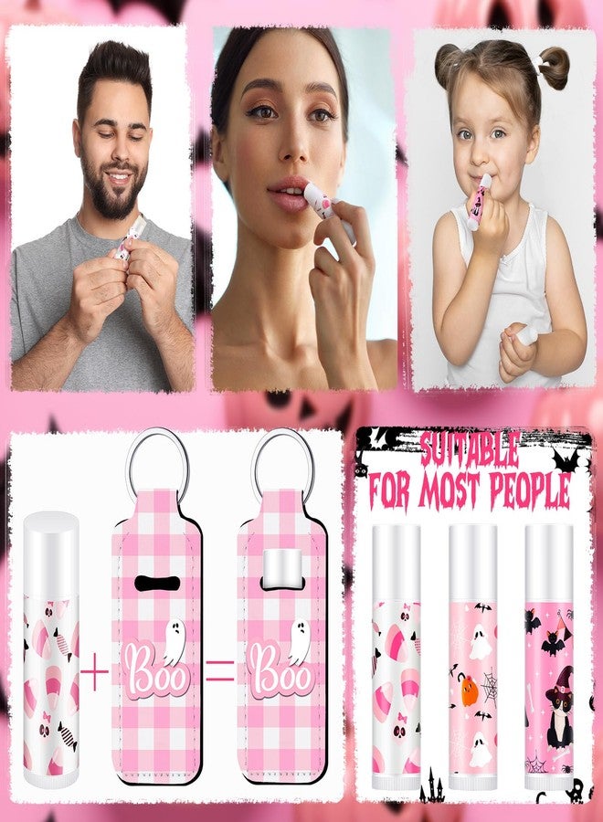 Swiffen 18 Sets Natural Bulk Lip Balm and Moisturizing Lipstick Holder Keychains Set Gift for Team Teen Girls Boy Sports Party Supply (Pink Halloween) - Image 5