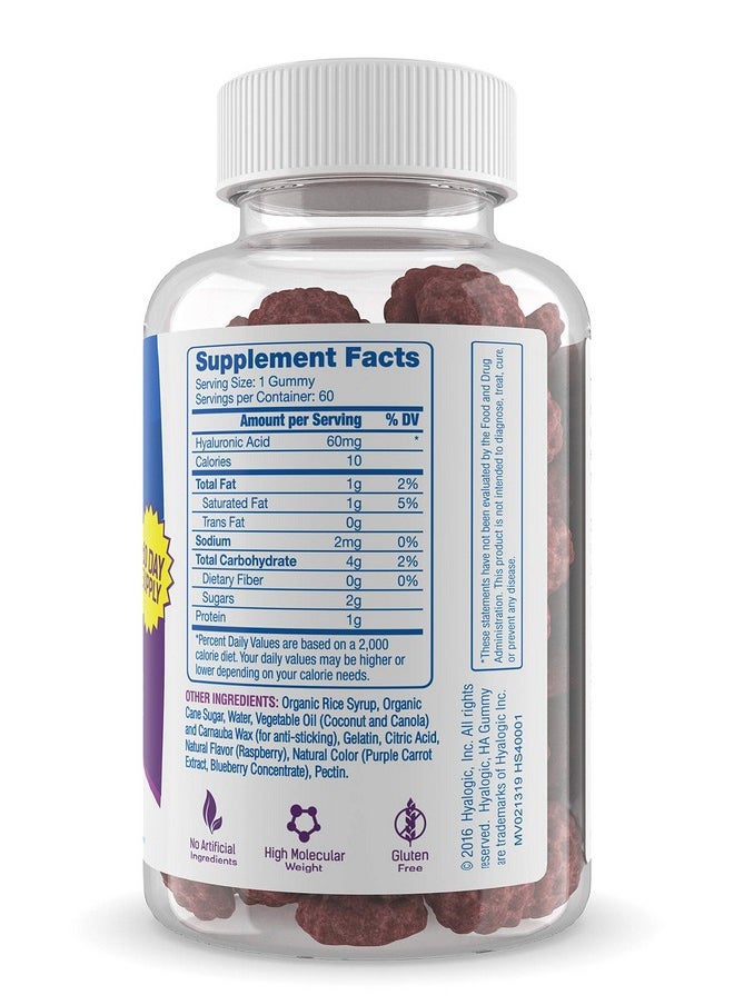 Hyalogic Hyalogic Chewy HA Gummies Mixed Berry Flavor Hyaluronic Acid Gummies - Gluten-Free Gummy Vitamins for Adults - HA Supplement for Joints, Skin & Eyes -60 Count (120 mg)  - Image 3
