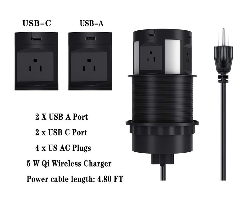 Kungfuking Automatic Pop Up Outlet for Countertop, Recessed Power Strip with 4 AC Outlets, 2 USB A, 2 USB C Pop Up Socket, Wireless Charger Station for Kitchen Conference Workbench, ETL Listed - Image 3