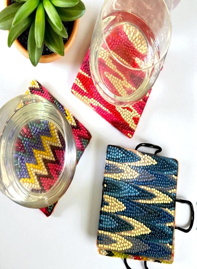 CRAFT MATE Diamond Painting Coasters Kit | 4 Pieces Chevron Ikat Mandala Diamond Art Coasters with Holder for Beginners, 4 inch - Image 2