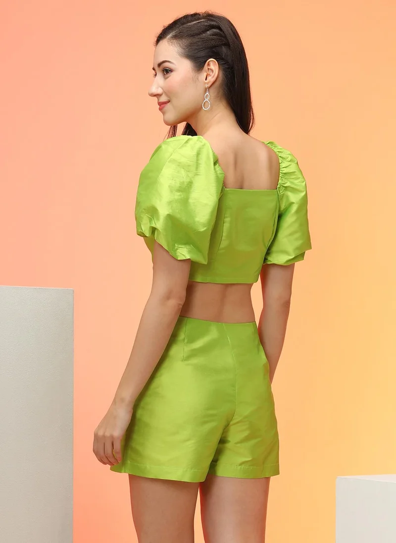 globus Globus Women Solid Balloon Sleeve Party Crop Top With Mini Skorts Co-Ord Set