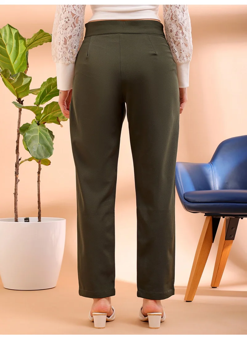 مرفوعة Kombu Green Women Regular Casual Solid Regular Pleated Pants