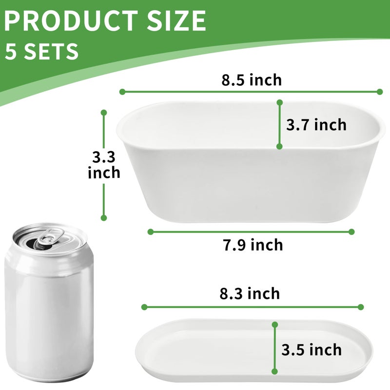 Torfican 5 Set Window Herb Planter Box Rectangular,8.5x3.5 Inch White Plastic Planters with Multiple Drainage Holes and Trays,Indoor Succulent Cactus Mint Flower Pot for Windowsill,Garden Balcony - Image 2
