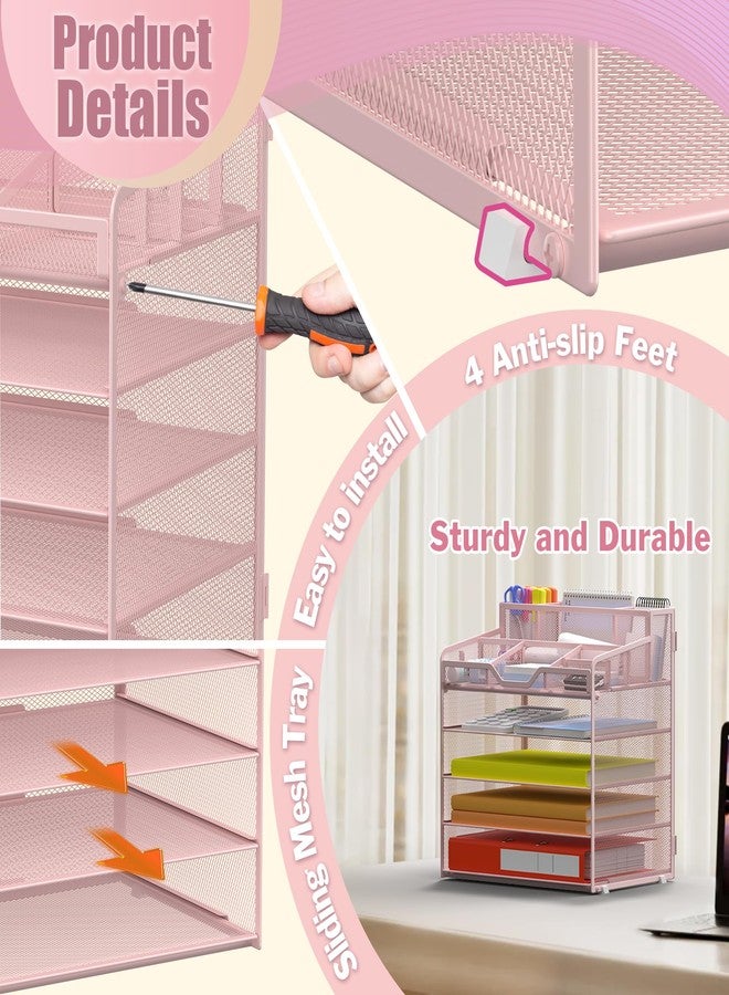 Docnest 5 Tier Mesh Desk Organizer for Paper Office Supplies – Multi-Functional Letter Tray with 5 Adjustable Compartments, 3 Pen Holders, Desktop Storage for Files, Mail, Stationery – Pink - Image 5