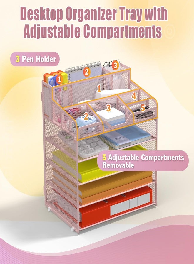 Docnest 5 Tier Mesh Desk Organizer for Paper Office Supplies – Multi-Functional Letter Tray with 5 Adjustable Compartments, 3 Pen Holders, Desktop Storage for Files, Mail, Stationery – Pink - Image 4