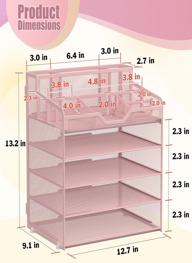 Docnest 5 Tier Mesh Desk Organizer for Paper Office Supplies – Multi-Functional Letter Tray with 5 Adjustable Compartments, 3 Pen Holders, Desktop Storage for Files, Mail, Stationery – Pink - Image 3