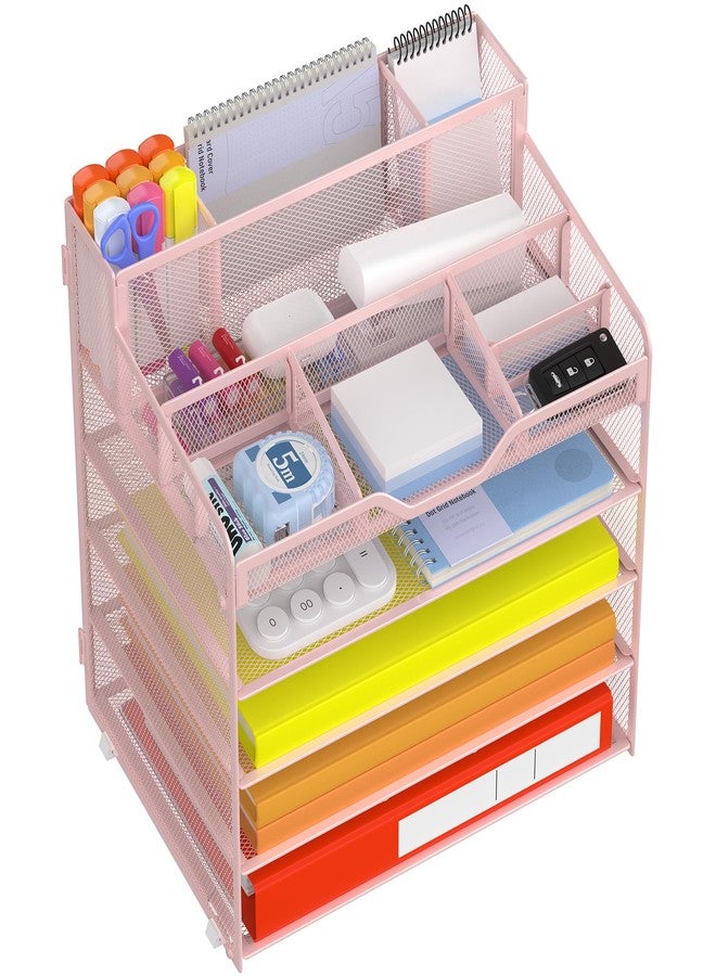 Docnest 5 Tier Mesh Desk Organizer for Paper Office Supplies – Multi-Functional Letter Tray with 5 Adjustable Compartments, 3 Pen Holders, Desktop Storage for Files, Mail, Stationery – Pink - Image 1