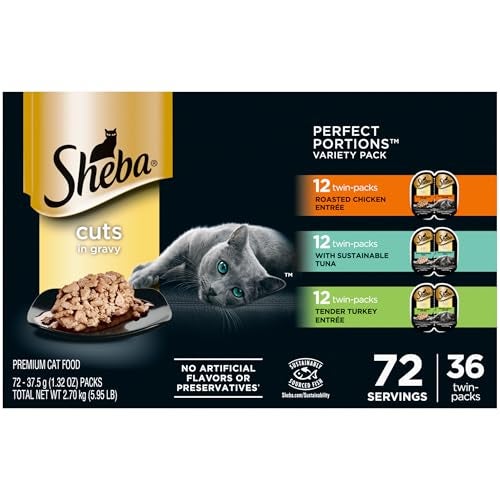 Sheba Perfect Portions Wet Cat Food Cuts in Gravy Variety Pack, Roasted Chicken Entree, with Sustainable Tuna, and Tender Turkey Entree, 2.6 oz. Twin-Pack Trays (36 Count, 72 Servings) - Image 1