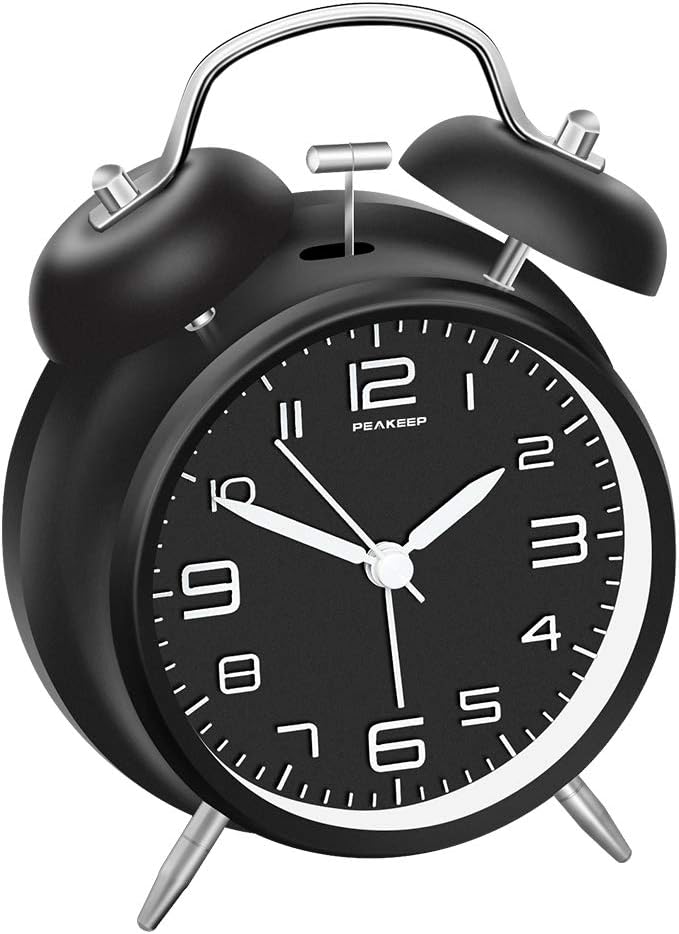 Peakeep 4 Inches Twin Bell Loud Alarm Clock for Heavy Sleepers, Backlight, Battery Operated Old Fashioned Alarm Clock for Bedrooms (Black) - Image 1