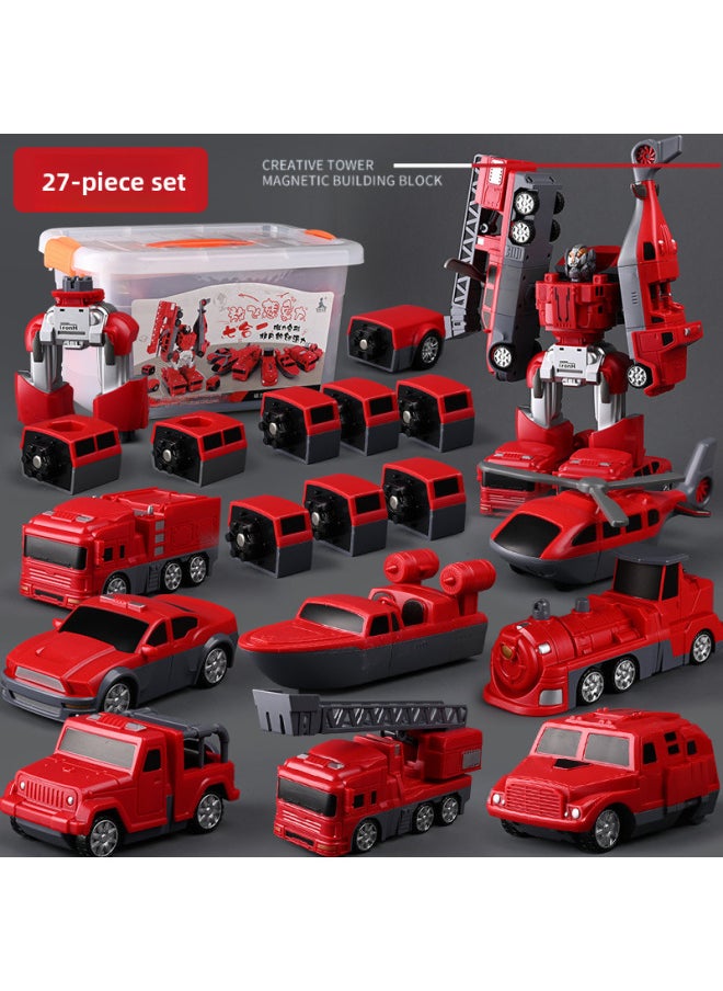 Deformable Magnet Engineering Car Fit Children's Magnetic Building Blocks Assembled Educational Brain-moving Parent-child Toy Boy Gift-Color:Fire Series [27 Piece Set] Variable Robot Delivery And Storage Barrel-Specifications:Box  - Image 1
