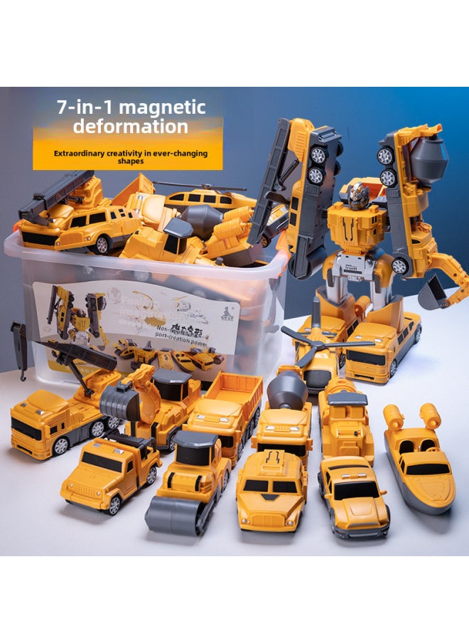 Deformable Magnet Engineering Car Fit Children's Magnetic Building Blocks Assembled Educational Brain-moving Parent-child Toy Boy Gift-Color:Fire Series [27 Piece Set] Variable Robot Delivery And Storage Barrel-Specifications:Box  - Image 2