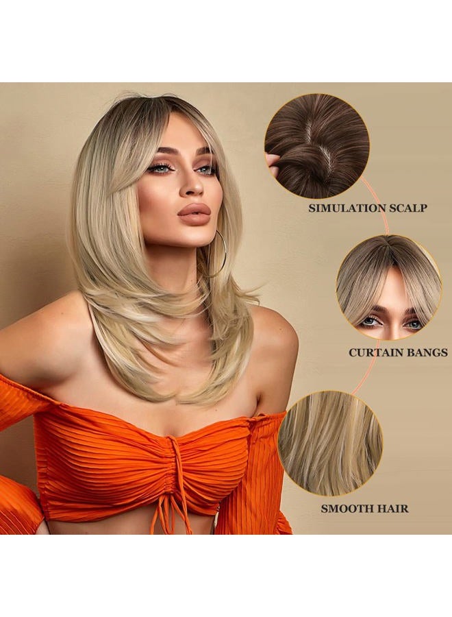 Esmee Synthetic Wigs Long Straight Layered Hairstyle Ombre Black Blonde Gray Ash Full Wigs with Bangs for white Women - Image 3