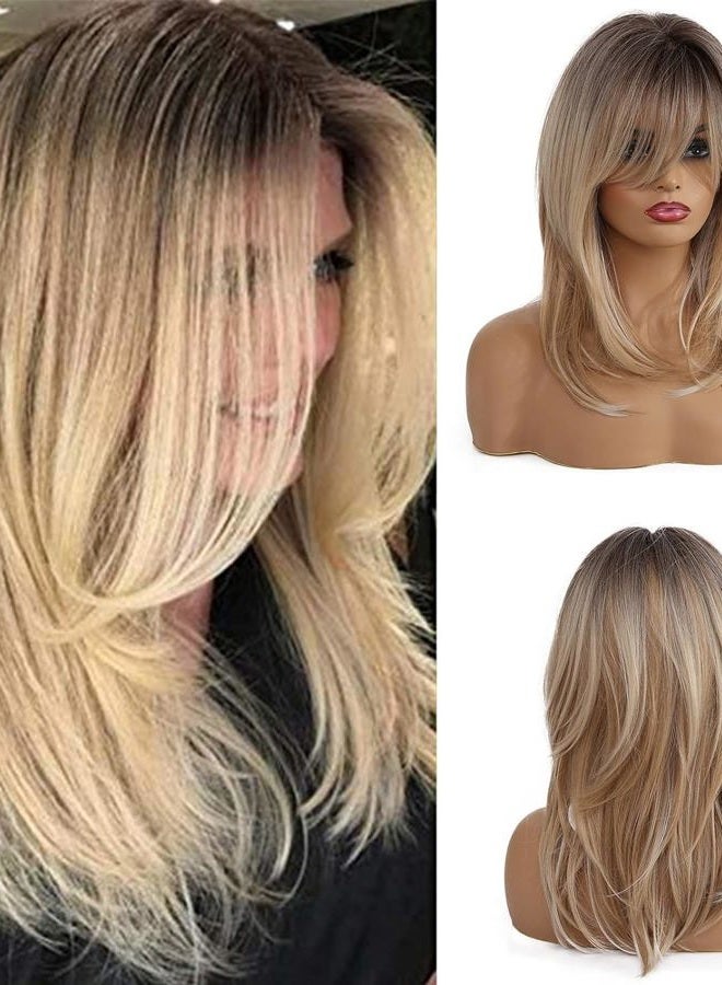 Esmee Synthetic Wigs Long Straight Layered Hairstyle Ombre Black Blonde Gray Ash Full Wigs with Bangs for white Women - Image 1