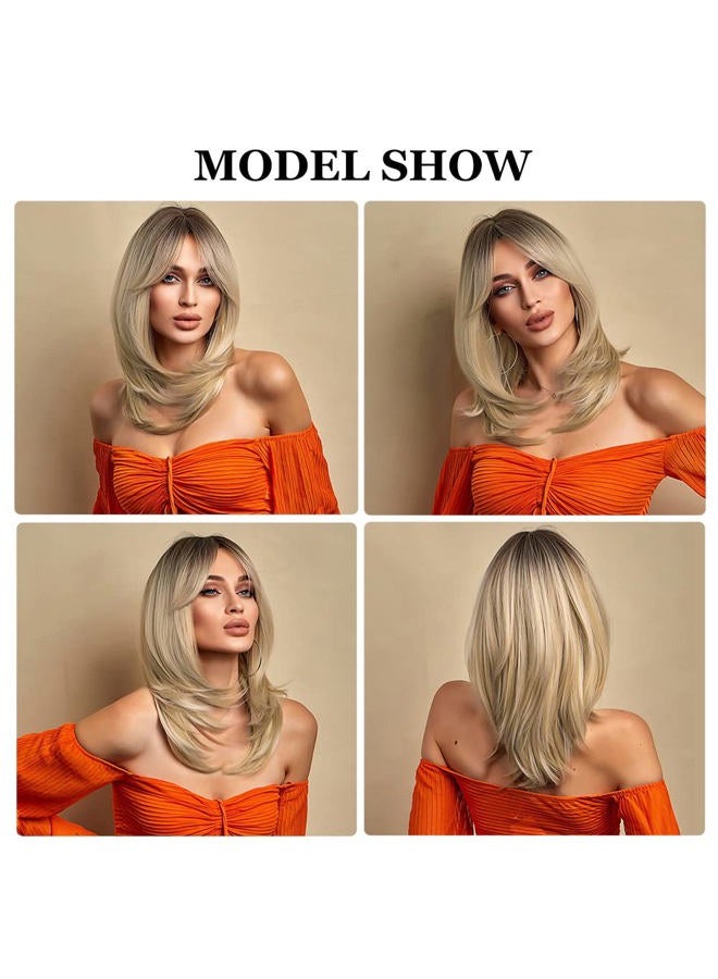 Esmee Synthetic Wigs Long Straight Layered Hairstyle Ombre Black Blonde Gray Ash Full Wigs with Bangs for white Women - Image 5