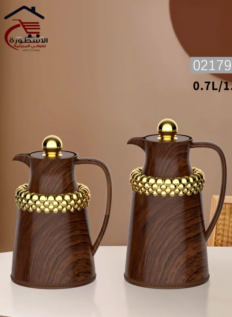 طقم ترامس من قطعتين من رويال كاميل 1لتر + 0.7لتر خشبي+ذهبي