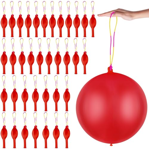 HSLCGF 36 Pcs Red Punch Balloons with Rubber Band Handle for Easy Grip Ideal for Kids Birthday Party Favors Classroom Outdoor PlayRed - Image 1
