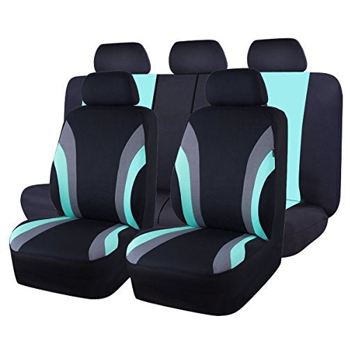 CAR PASS Line Rider Sporty Cloth 11PCS Universal Fit Car Seat Cover -100% Breathable with 5mm Composite Sponge Inside,Airbag Compatible,3zipper Bench(Full Set, Black and Mint) - Image 1