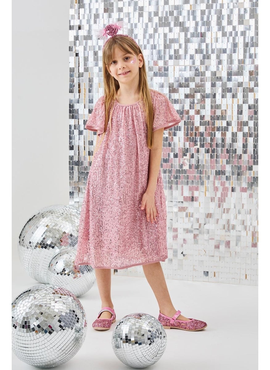 Le mabelle Pink Sequined Girls Dress-Siri  - Image 1