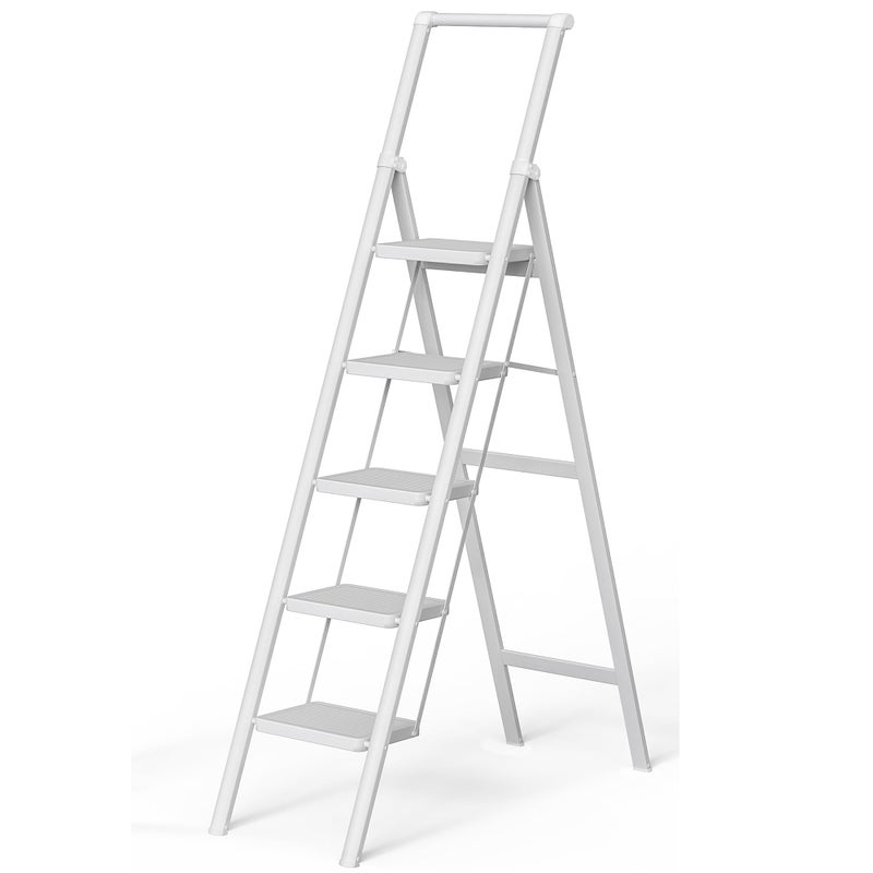 SOLADDER 5 Step Ladder Folding Step Stool White Foldable Ladder for 10 Foot High Ceiling with AntiSlip Wide Sturdy Pedal and Handgrip MultiUse for Home 300 lbs Capacity