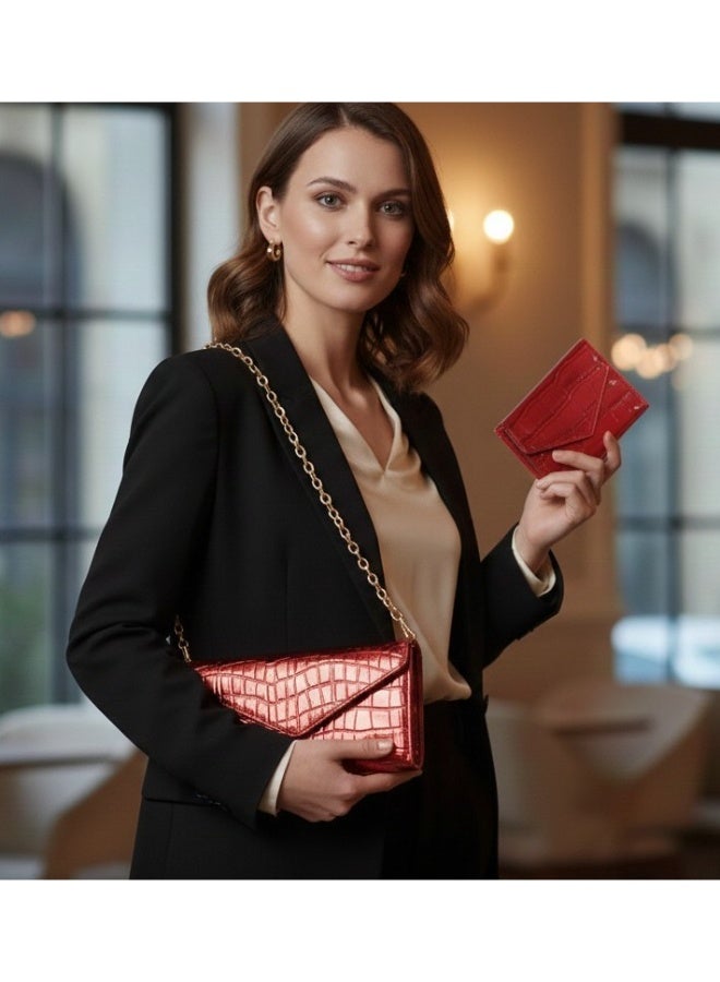 zoba Elegant women's bag and wallet set – patent leather with a crocodile pattern – a trendy chain bag + a practical wallet with a luxurious design - Image 2