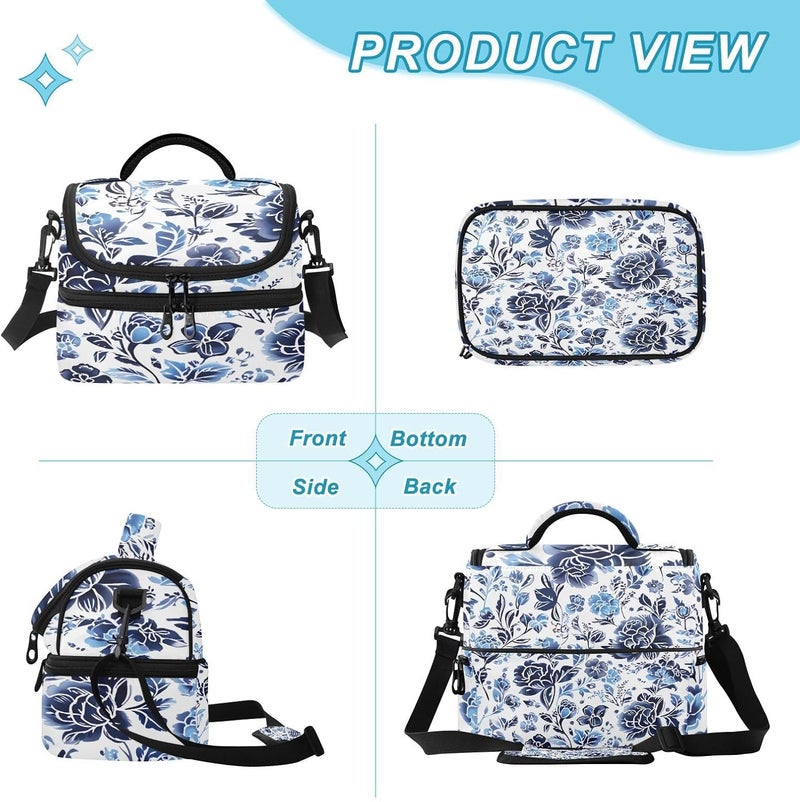 Lunch Box for Women Men Reusable Lunch Bags Vintage Blue Florals Insulated tote bag with Detachable Shoulder Strap Large Capacity Cooler for Work Picnic Travel - Image 2