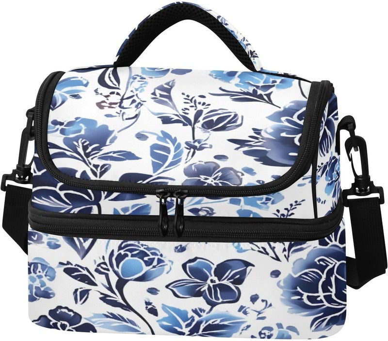 Lunch Box for Women Men Reusable Lunch Bags Vintage Blue Florals Insulated tote bag with Detachable Shoulder Strap Large Capacity Cooler for Work Picnic Travel - Image 1