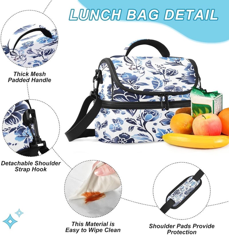 Lunch Box for Women Men Reusable Lunch Bags Vintage Blue Florals Insulated tote bag with Detachable Shoulder Strap Large Capacity Cooler for Work Picnic Travel - Image 4
