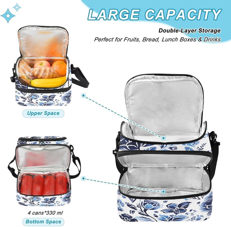 Lunch Box for Women Men Reusable Lunch Bags Vintage Blue Florals Insulated tote bag with Detachable Shoulder Strap Large Capacity Cooler for Work Picnic Travel - Image 5