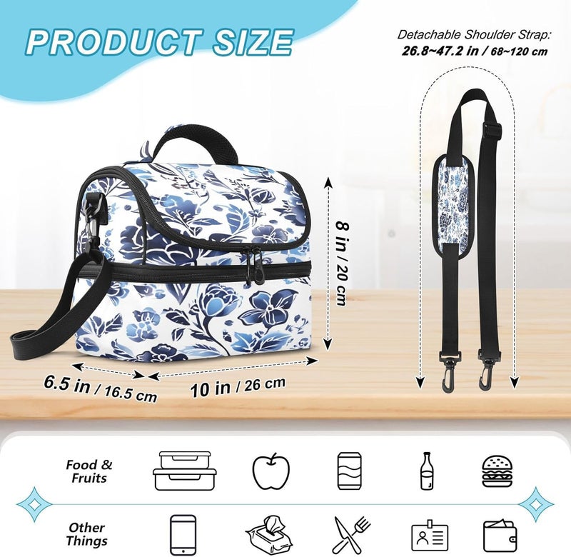 Lunch Box for Women Men Reusable Lunch Bags Vintage Blue Florals Insulated tote bag with Detachable Shoulder Strap Large Capacity Cooler for Work Picnic Travel - Image 3