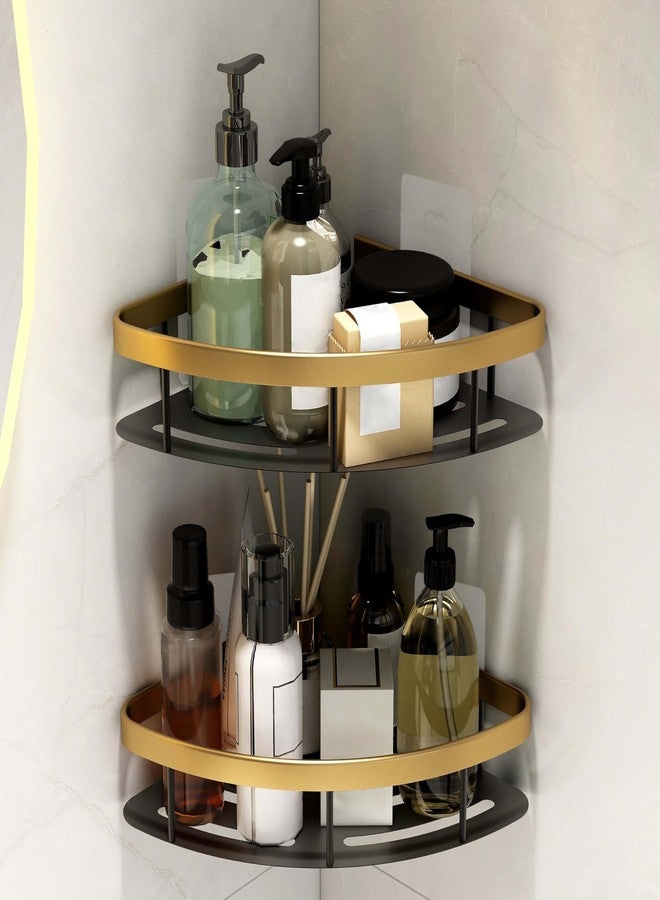 Plantex Bathroom Corner Shelf for Wall/Aluminium Self Adhesive Corner Stand for Kitchen with Golden Railing & Magic Stickers/Bathroom Accessories Items (9x9 inches, Gold & Black) - Pack of 2 - Image 1