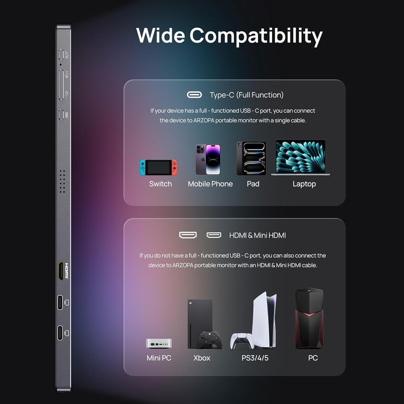 ARZOPA 16.1'' 180Hz 2.5K Portable Gaming Monitor, 107% sRGB 1080P FHD Kickstand Portable Screen with HDR, Ultra Slim, Eye Care, External Second Screen for Laptop, PC, PS5, Mac, Xbox - Z3FC - Image 4