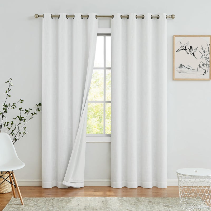 White Solid Full Blackout Window Curtains for Bedroom Noise Reducing Thermal Insulated Drapes Heavy Linen Texture 8 Grommets Top for Living Room with White Liner Cream White 50 x 84 2 Panels