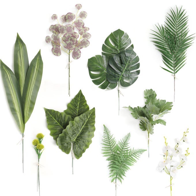 ARTIFICIAL GREENERY SPRAY BOX SETPACK OF 30PCS WITH 9 KINDS OF FILLER FOR SAFARI JUNGLE HAWAIIAN LUAU PARTY TABLE DECORATION WEDDING BIRTHDAY THEME PARTY DECORATIONS PALM LEAVES